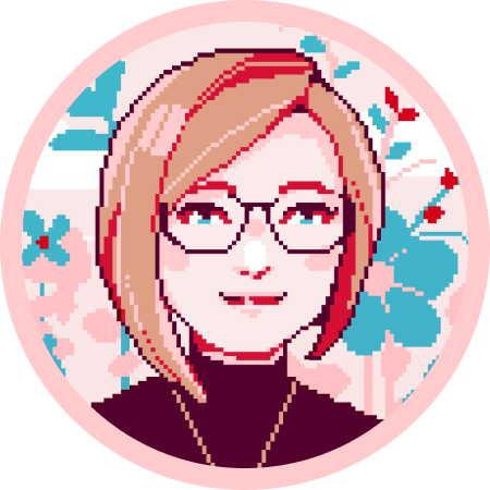 A pixel art portrait of Anna, a white woman with strawberry blonde hair and blue eyes.